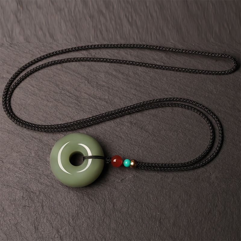 Natural Green Hetian Jade Round Pendant Necklace
