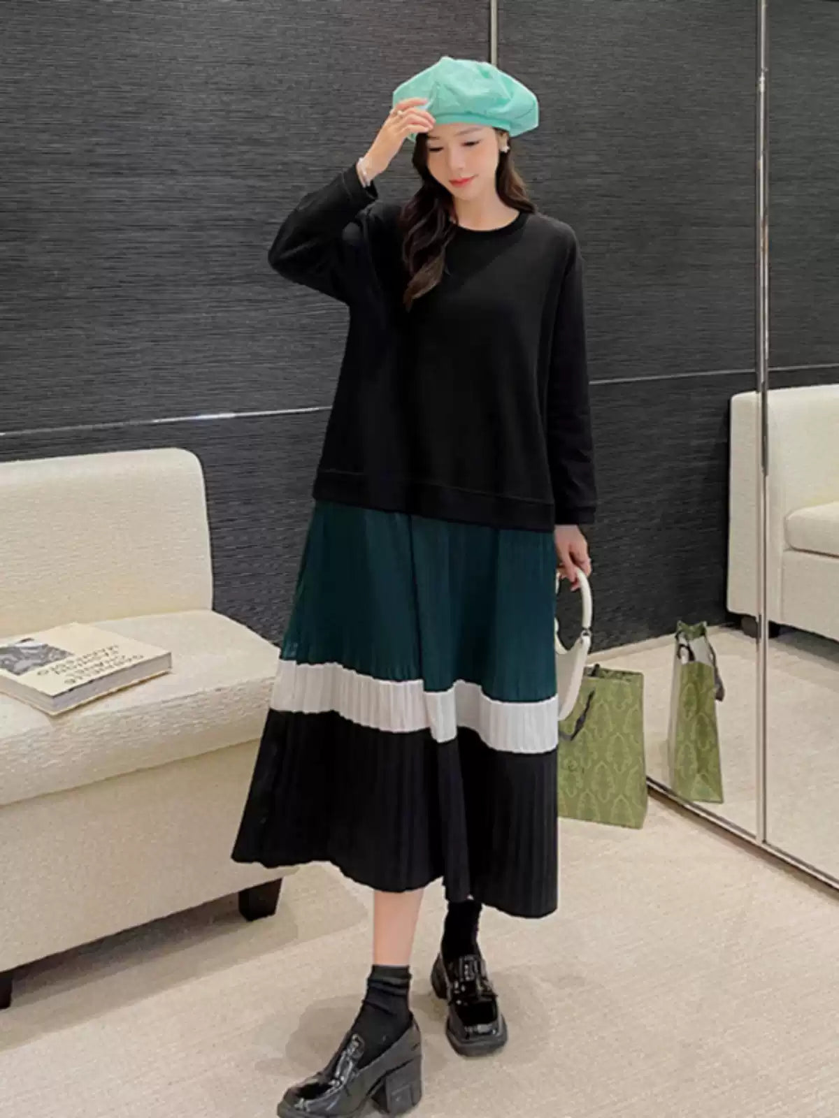 Plus Size Black O Neck Patchwork Cotton Long Dress Fall