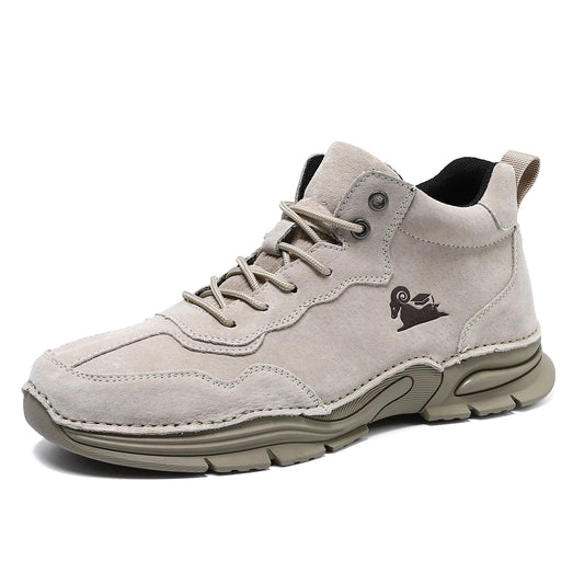 Men's Khaki High-Top Genuine Leather Outdoor Casual Shoes