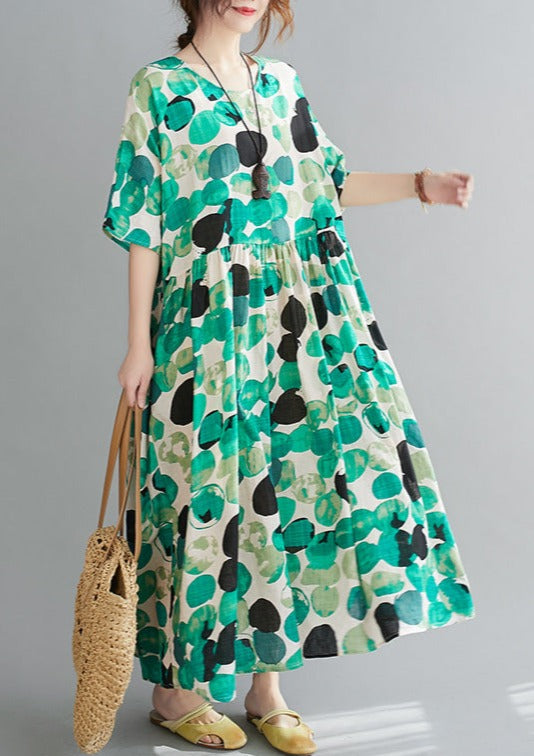 Summer polka dot print cotton and linen dress