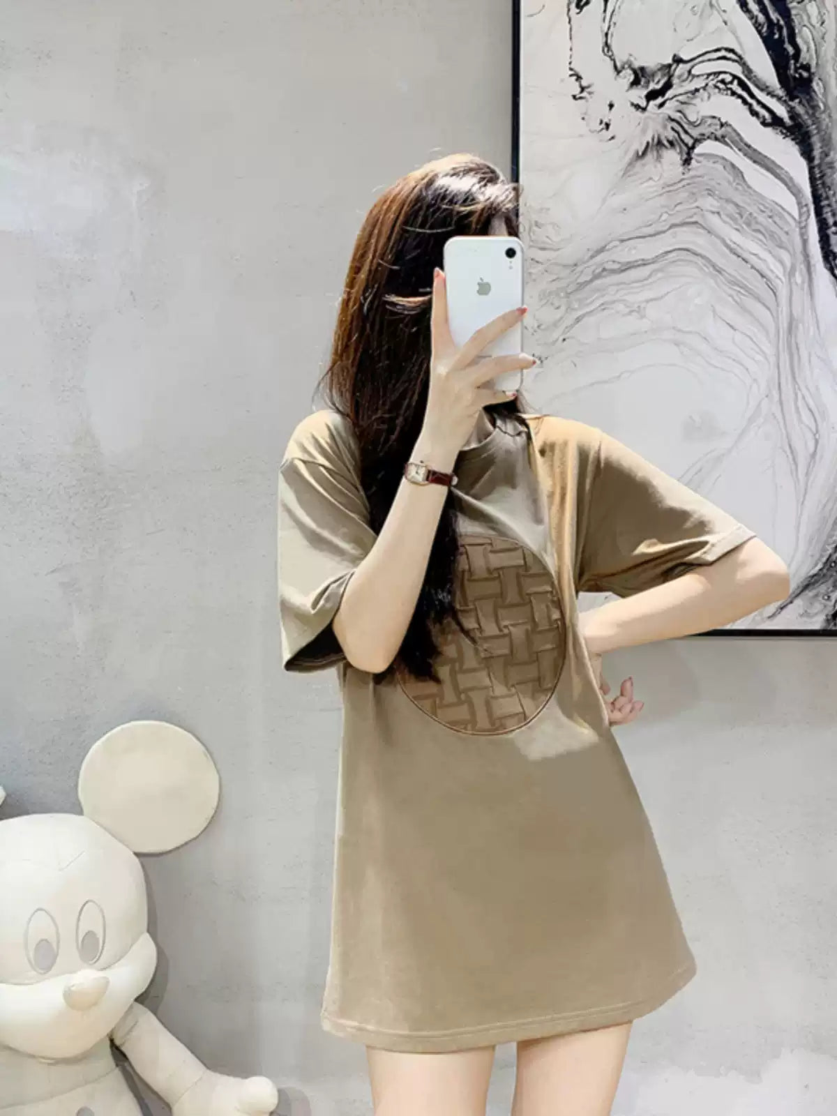 Women Camel O-Neck Cotton Print Top Summer