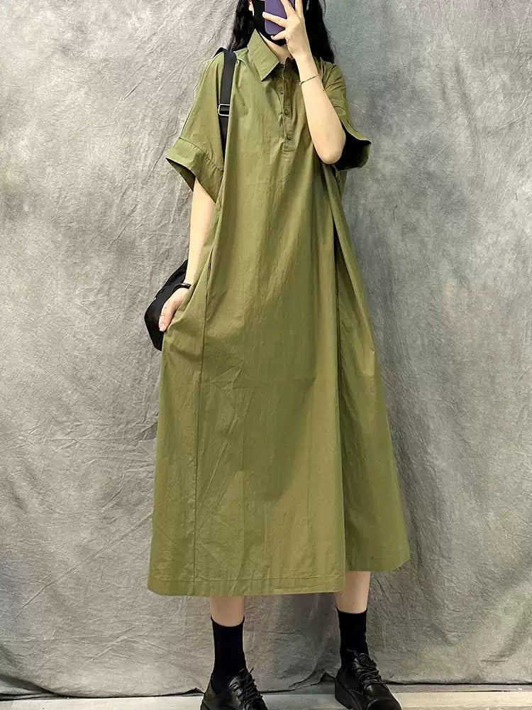 Casaul Turn-down Collar Solid Color Short Sleeve Irregular Dress