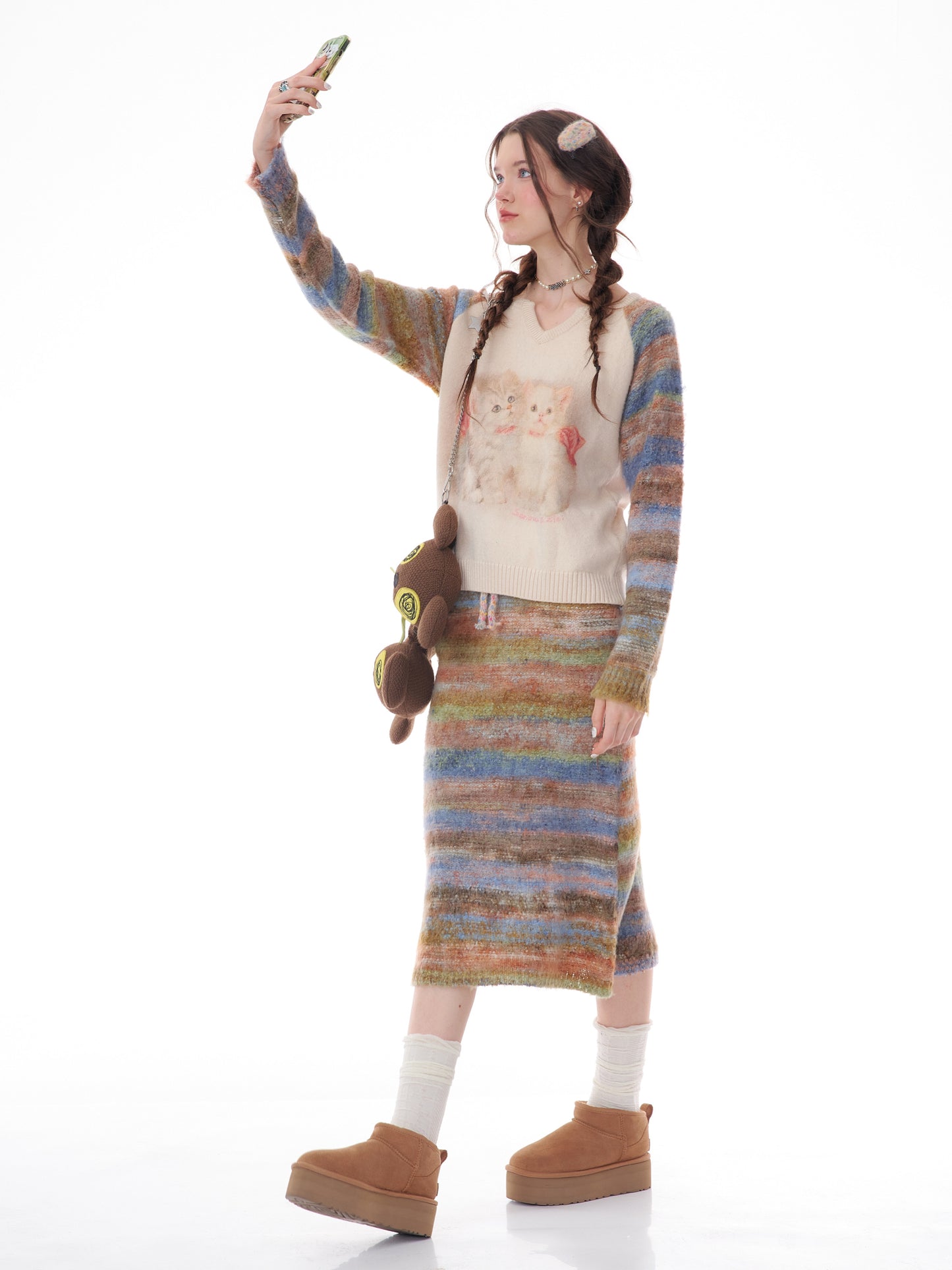 Fashion Striped Patchwork Knit Skirts Winter