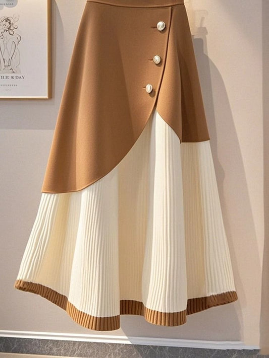 New Coffee Wrinkled Patchwork Cotton Skirts Summer