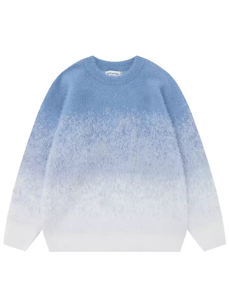 Gradient Color Blue O-Neck Cotton Knit Sweaters Winter