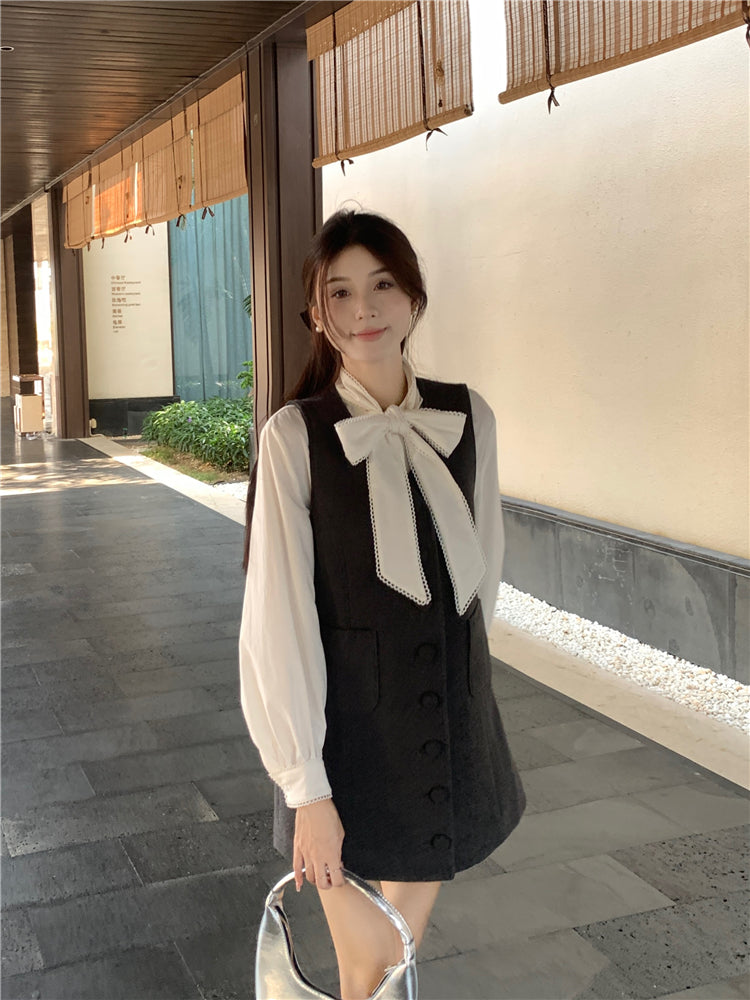 Stylish Grey Bow Pockets Cotton Two Pieces Set Fall