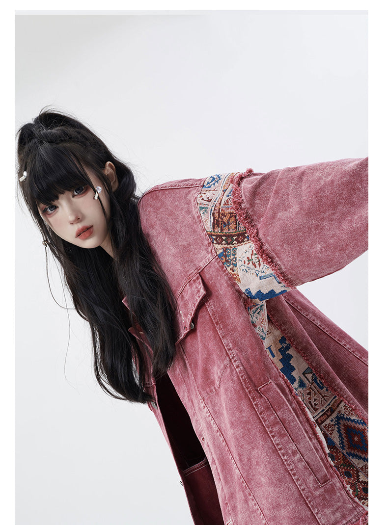 Modern Brick Red Oversized Patchwork Denim Jacket Fall