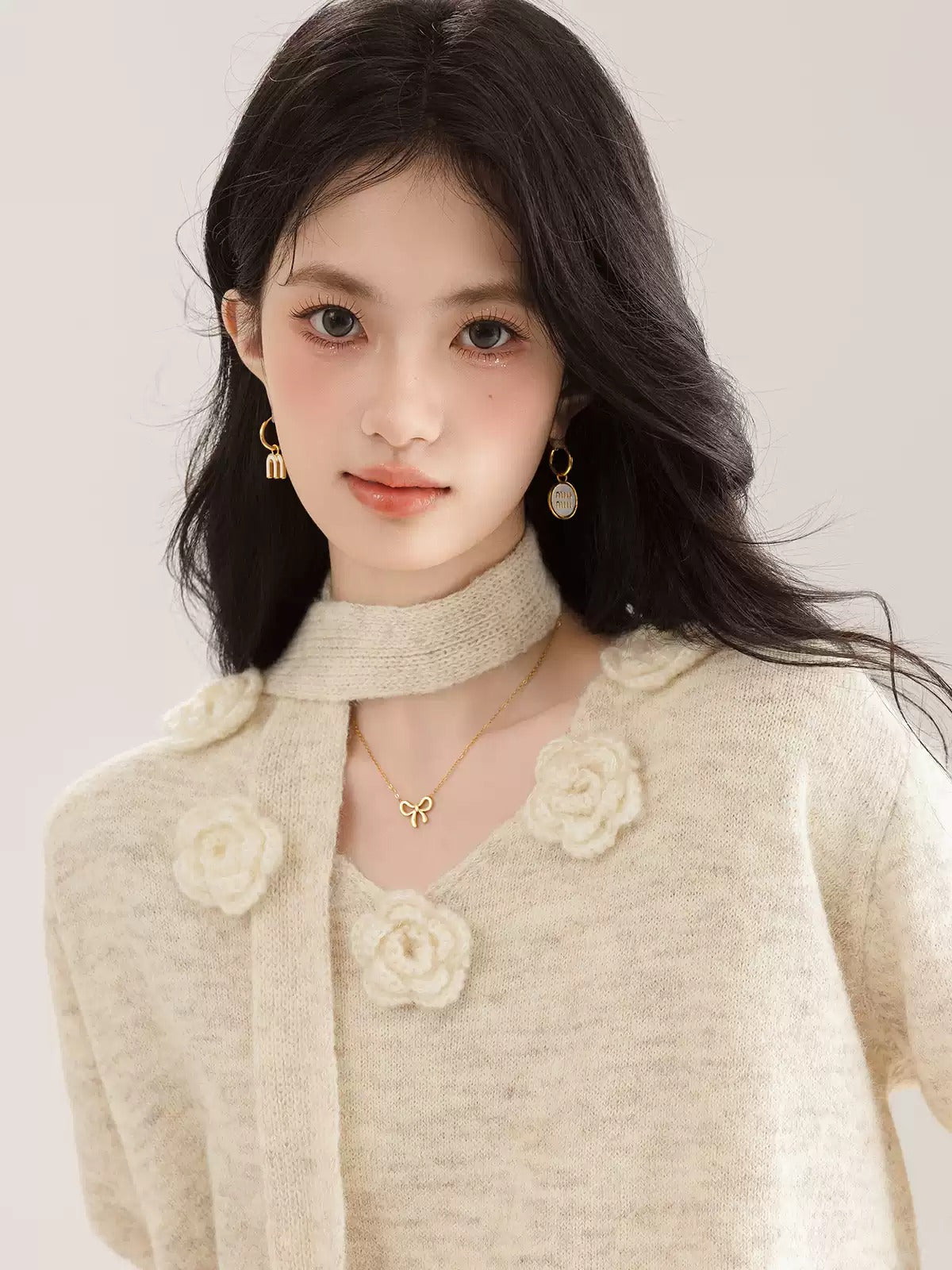 Floral Beige Hollow Out Solid Knit Sweater Winter