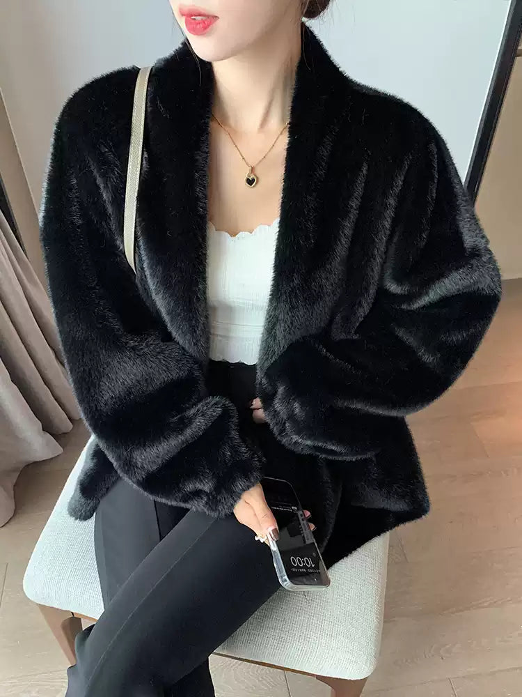 Style Beige V Neck Imitation Mink Sweater Winter