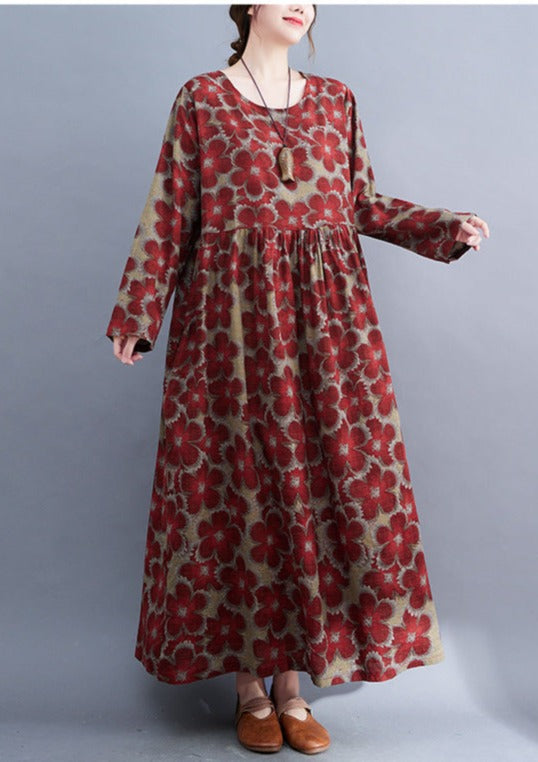 cotton linen floral loose long sleeve dress