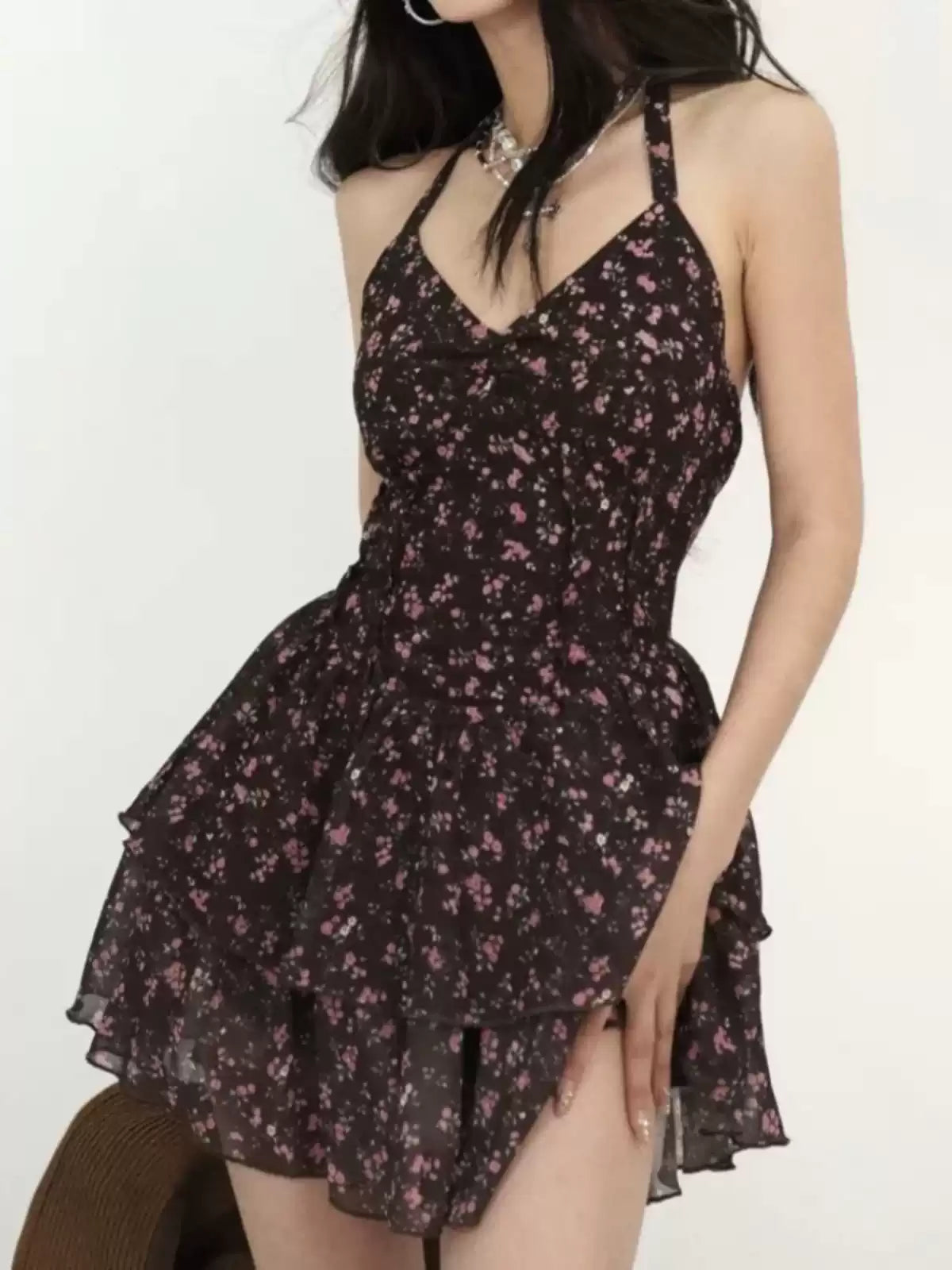 Vintage Black Print Low High Design Spaghetti Strap Mid Dress Summer