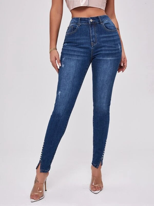 Slit Bead Panel Trim Denim Pants