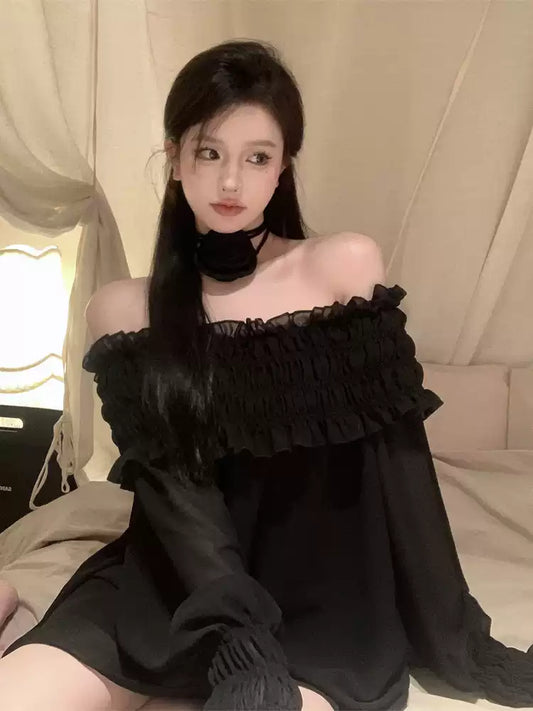 French Slash Neck Ruffled Patchwork Chiffon Top Fall