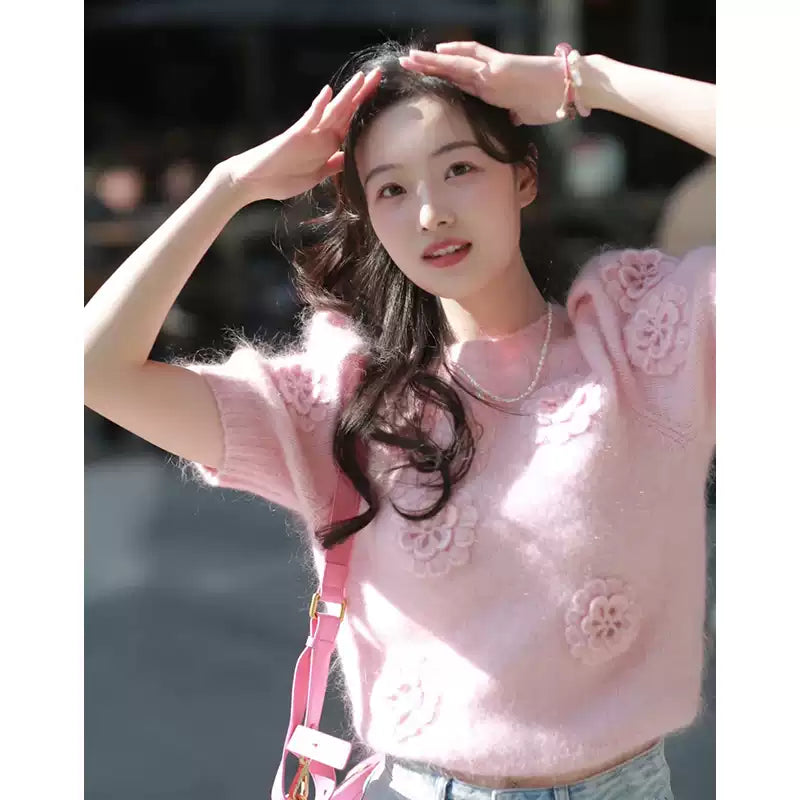 Beautiful Pink O Neck Floral Solid Knit Sweater Short Sleeve