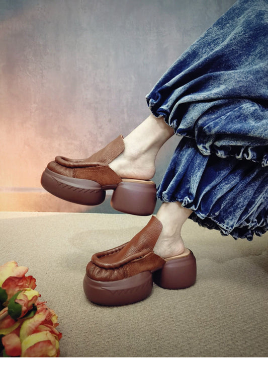 Brown Retro Splicing Cowhide Leather Platform Slide Sandals