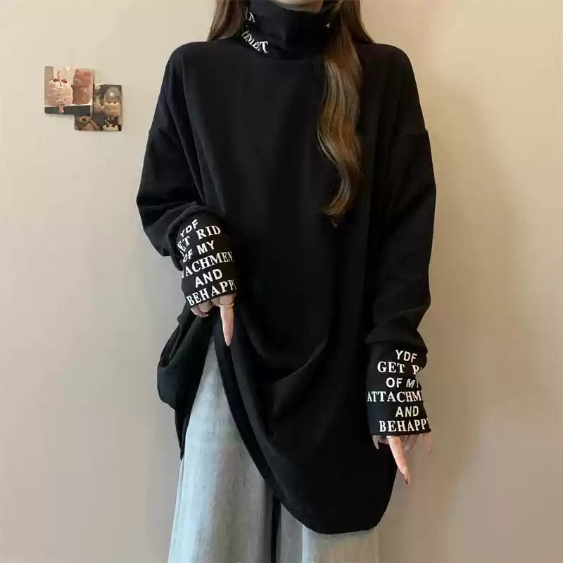 Simple Loose Black High Neck Letter Print Split-Joint Long Sleeve T-Shirt