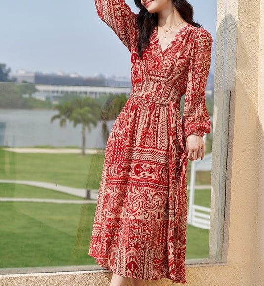 Boho Red V Neck Ruffled Print Chiffon Robe Dresses Spring