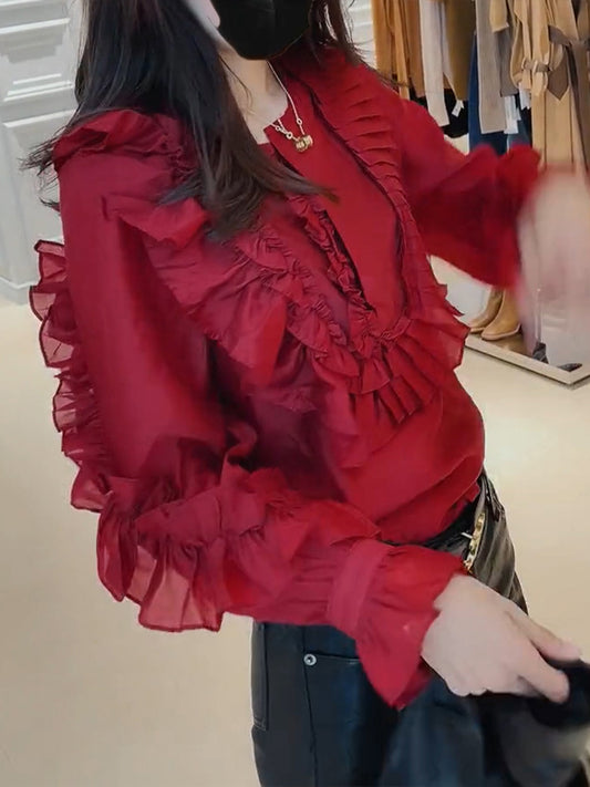 Boutique Red Ruffled Patchwork Chiffon Shirt Summer