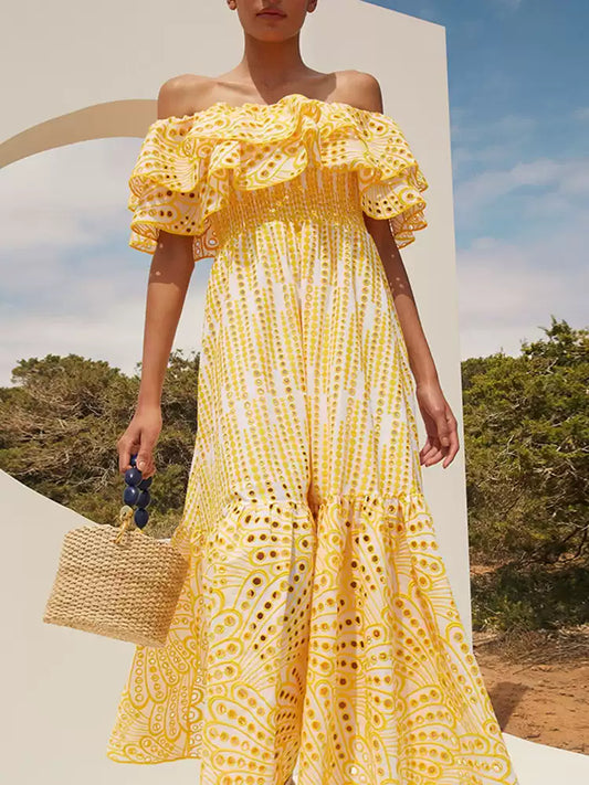 New Yellow Slash Neck Print Tie Waist Cotton Long Dress Summer
