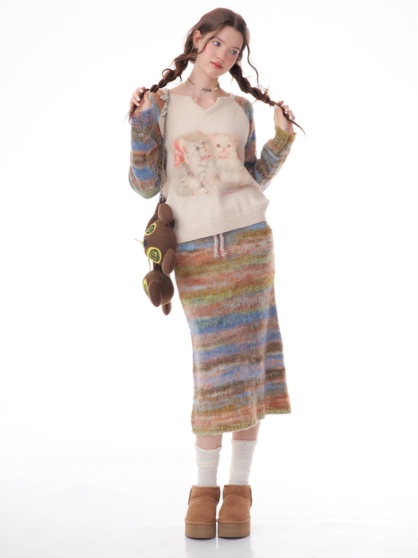 Fashion Striped Patchwork Knit Skirts Winter