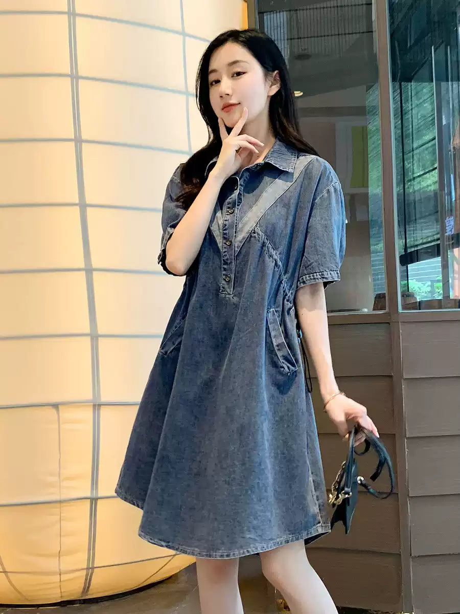 French Blue Embroideried Patchwork Lace Denim Dress Summer