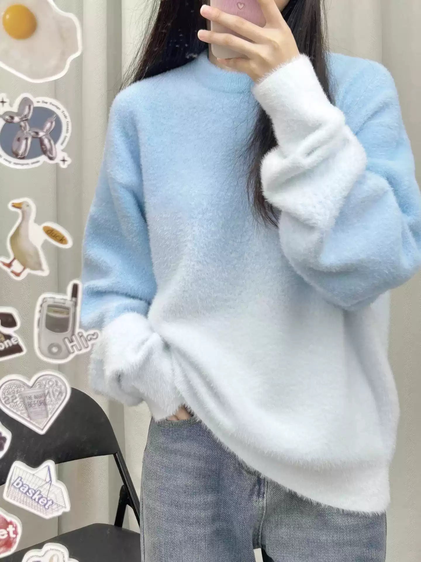 Chic Gradient Color Fluffy Patchwork Cozy Cotton Knit Sweaters Fall