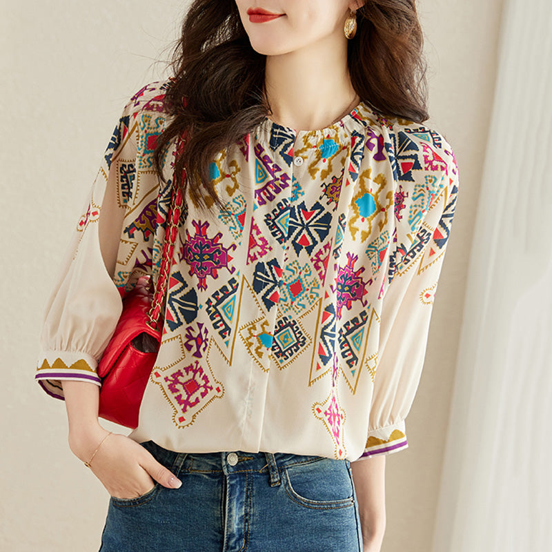 Loose White V Neck Print Lace Patchwork Chiffon Shirt Tops Summer