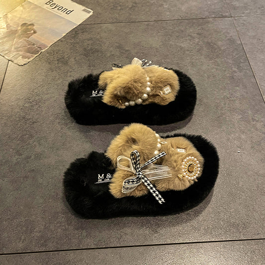 New Khaki Nail Bead Bow Platform Teddy Slide Sandals