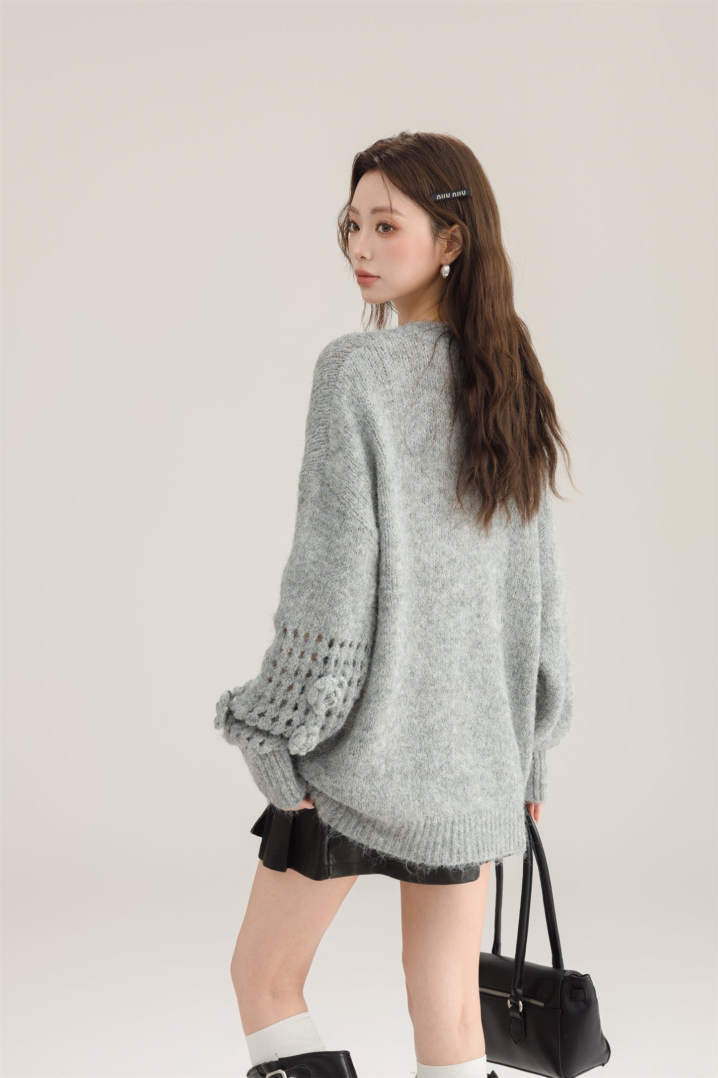 Grey Hollow Out Cozy Cotton Knit Winter Sweater V Neck