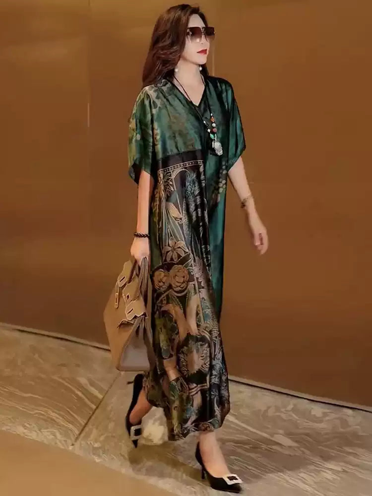 Bohemian Green V Neck Pockets Print Patchwork Silk Long Dresses Summer