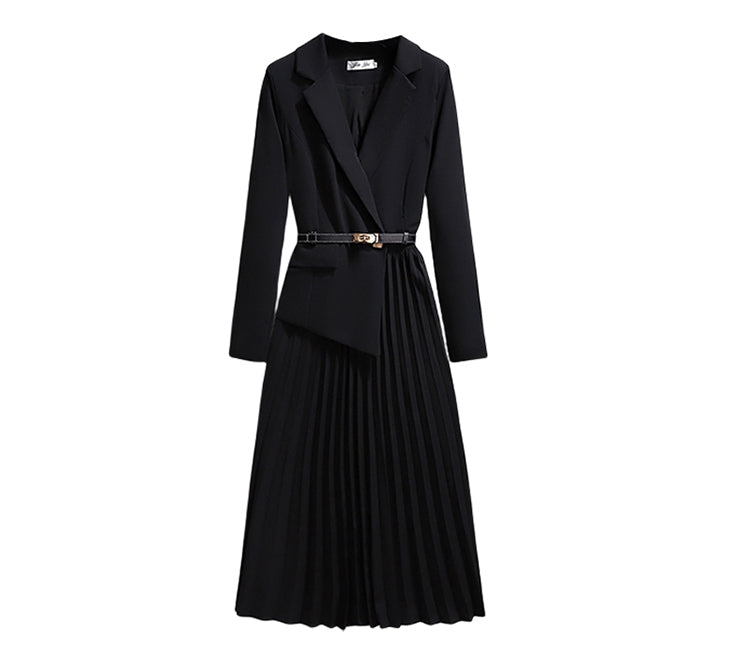 Temperament Beige Lapel Pleated Hem Long Sleeve Maxi Dress