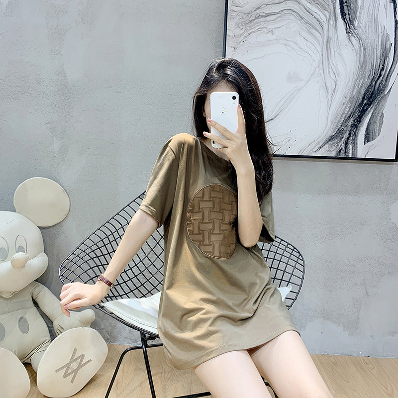 Women Camel O-Neck Cotton Print Top Summer