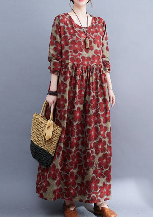 cotton linen floral loose long sleeve dress