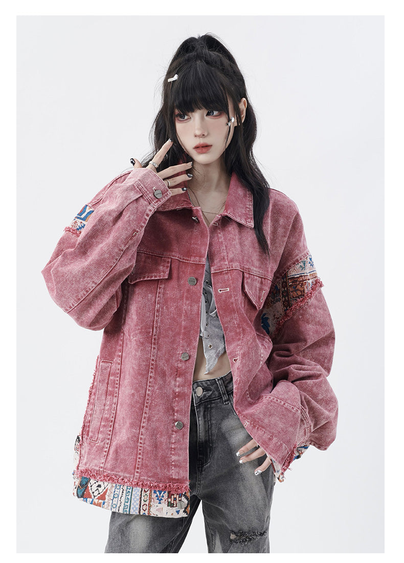 Modern Brick Red Oversized Patchwork Denim Jacket Fall