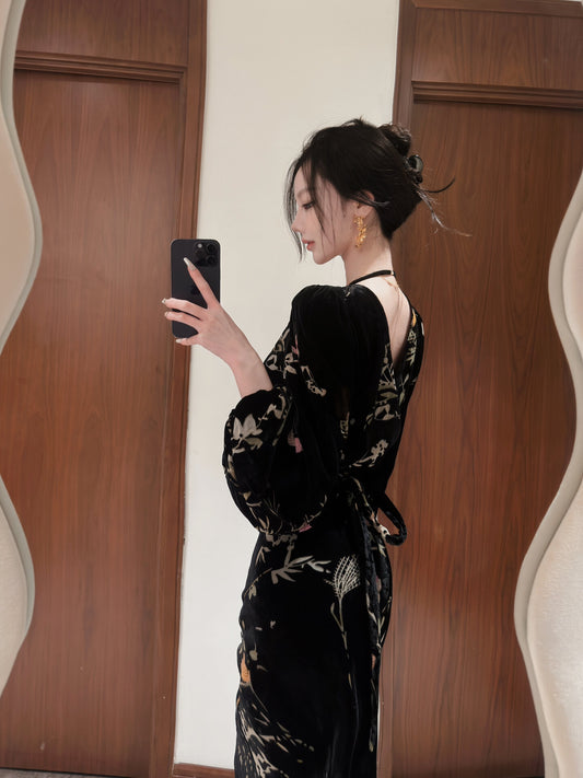 Chinese Style Black Jacquard Silk Velour Dresses Fall