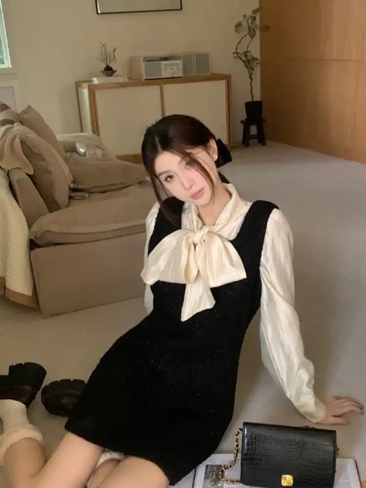 Black Button Cotton Two Pieces Set Lace Up Fall