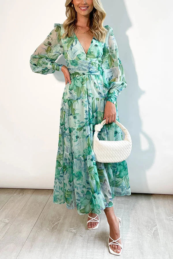 Olena Abstract Floral Balloon Sleeves Maxi Dress