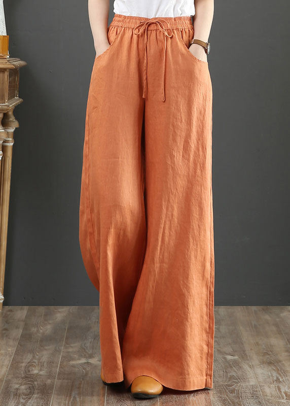 French Grey Elastic Waist Pockets Linen Wide Leg Pants Summer