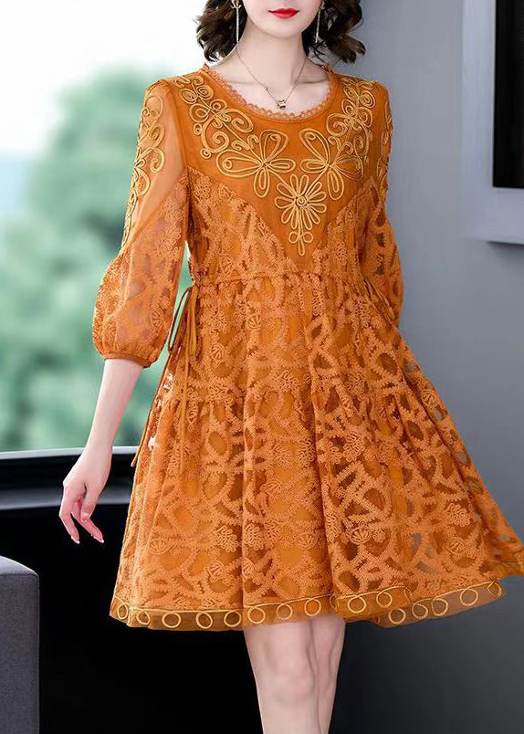 Orange Holiday Lace Dresses Cinch Oversized Hem Summer