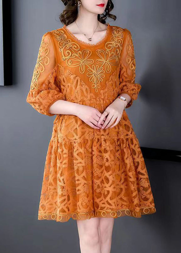 Orange Holiday Lace Dresses Cinch Oversized Hem Summer