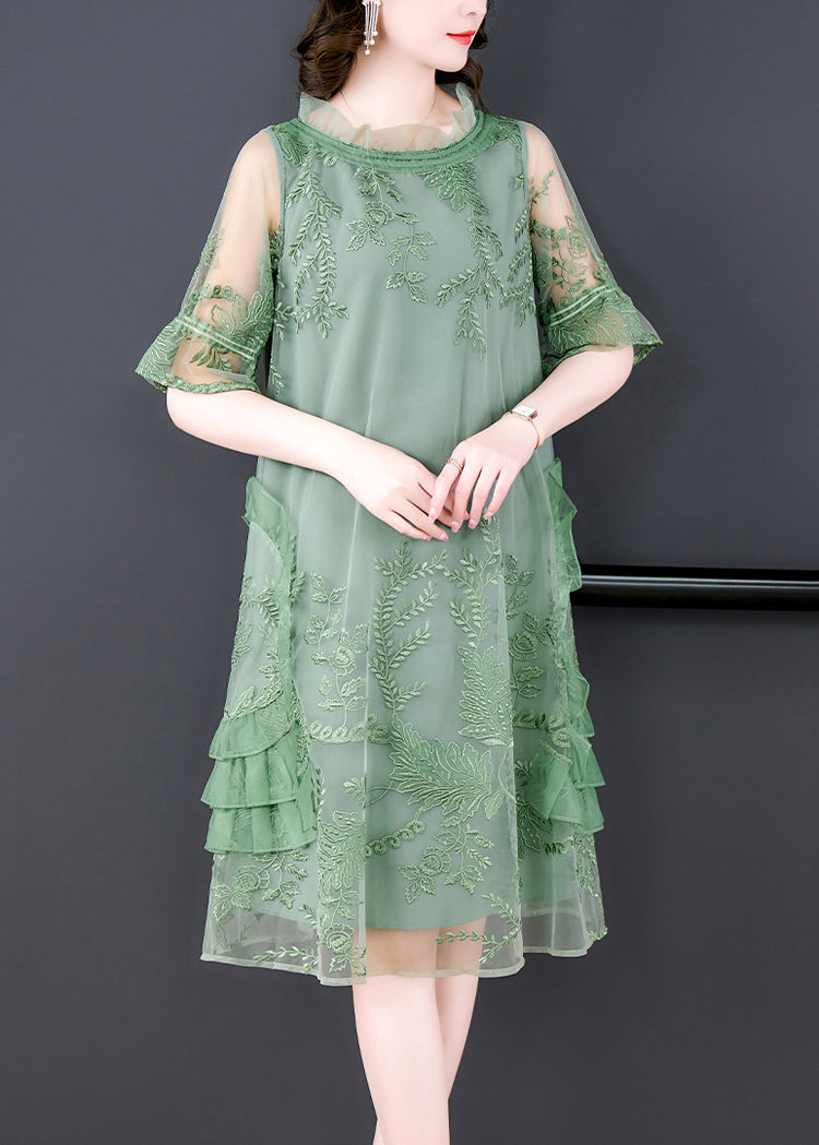 Stylish Green Embroidered Patchwork Tulle Mid Dresses Summer