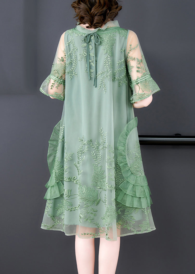 Stylish Green Embroidered Patchwork Tulle Mid Dresses Summer