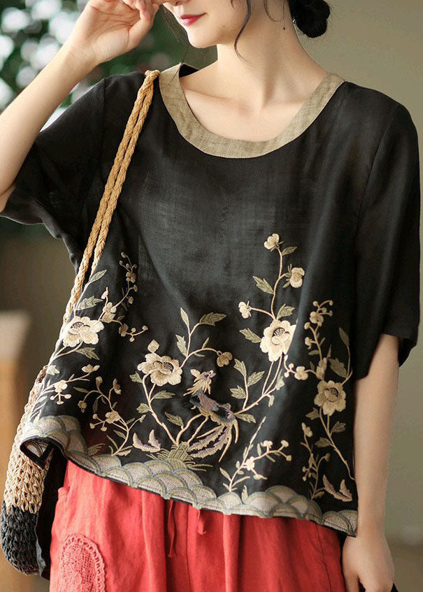 Organic Embroidery Low Rise Linen Black Tank Top Short Sleeves