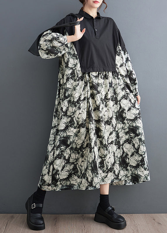 Green Print Patchwork Cotton Long Dresses Oversized Fall