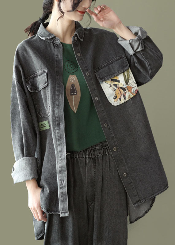 Organic Black Pocket Patchwork Panel Peter Pan Collar Denim Coats Long Sleeve