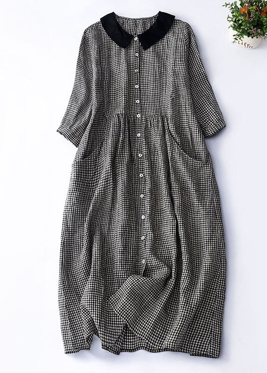 Organic Black Plaid Peter Pan Collar Patchwork Linen Dresses Summer