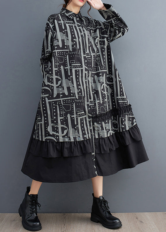 Organic Black Ruffled Print Cotton Long Dress Fall