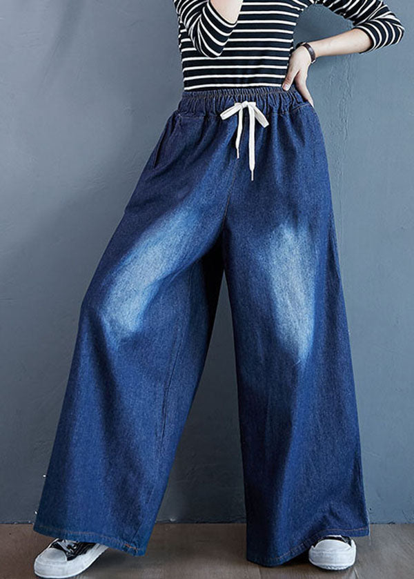 Organic Blue Pockets Patchwork Stretch Wide Leg Denim Pants Spring