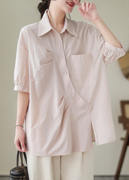 Bohemian Light Pink Asymmetrical Design Cotton Blouses Half Sleeve Summer