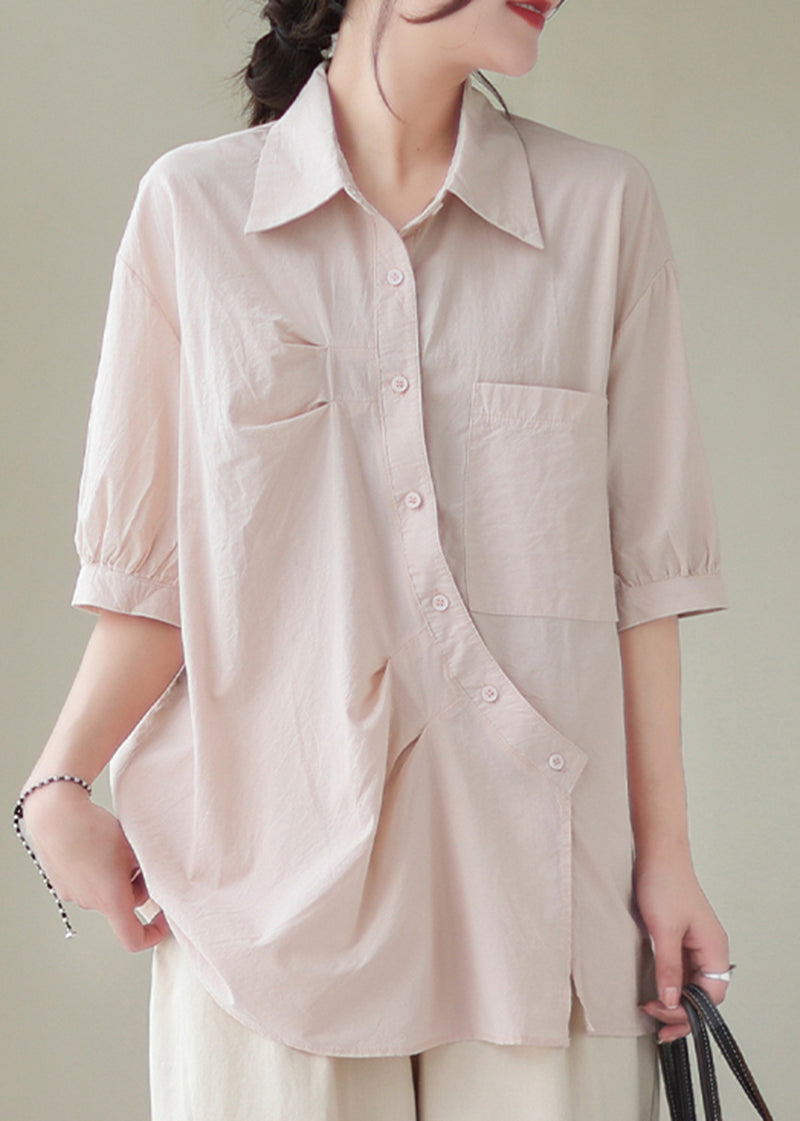 Bohemian Light Pink Asymmetrical Design Cotton Blouses Half Sleeve Summer